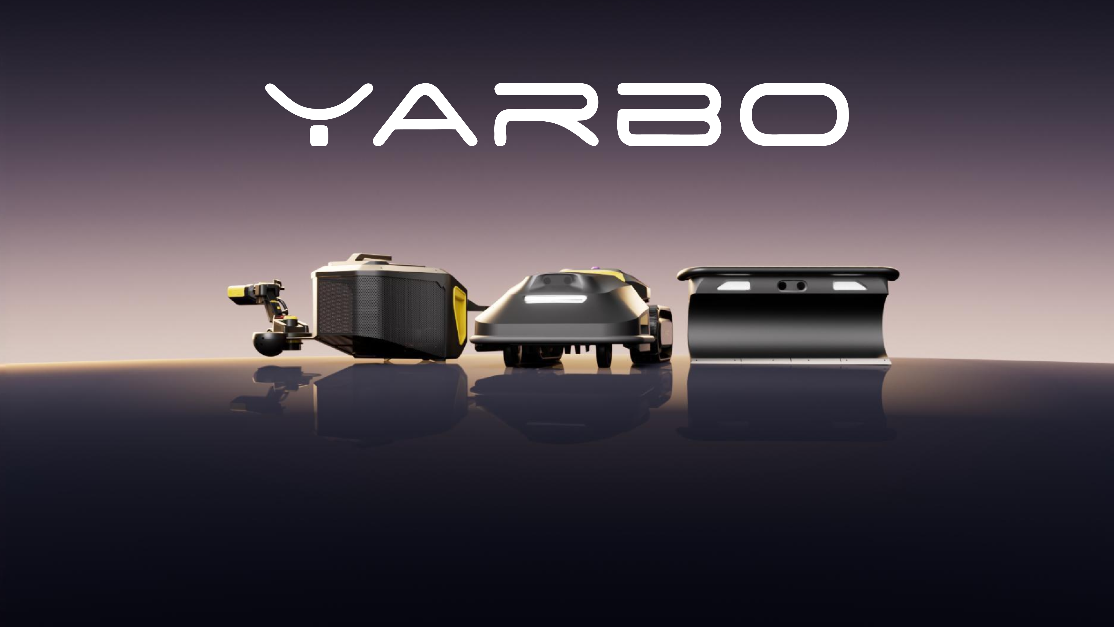 Yarbo M Series modular robot lineup — Yarbo Core base, robot lawn mower module, and snow plow blade displayed side by side`
