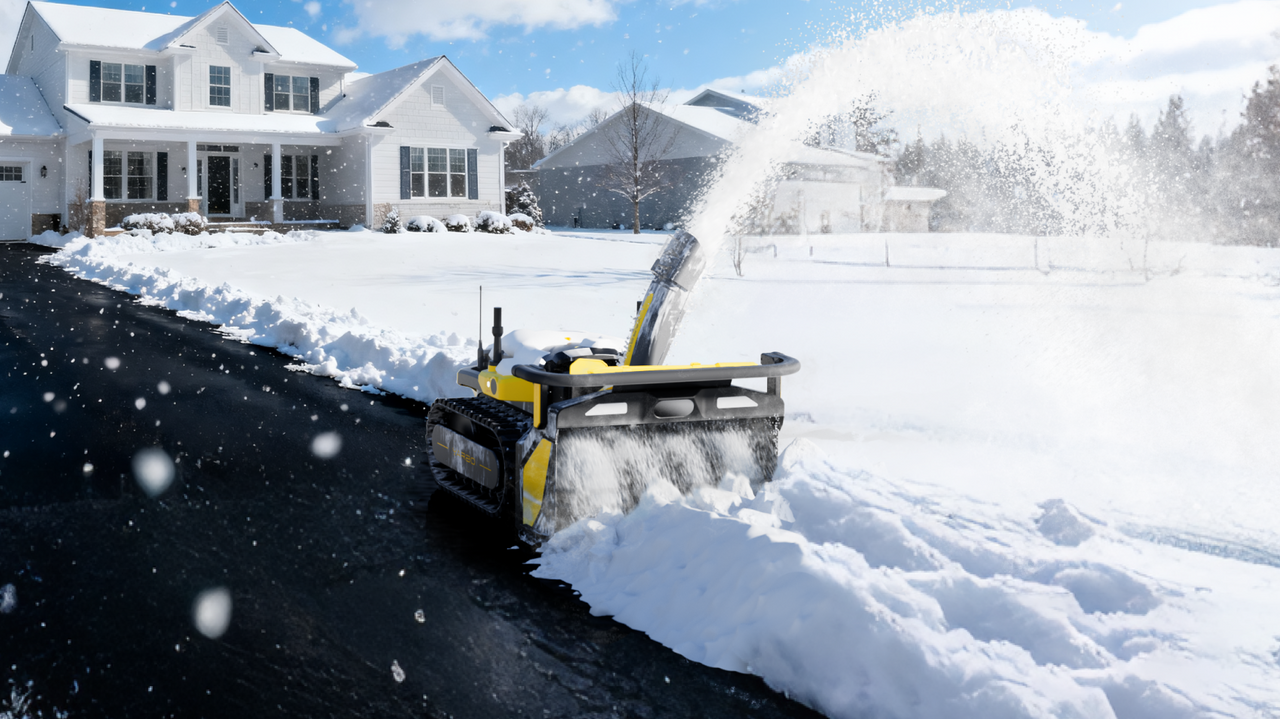 Yarbo snow blower clearing snow from a driveway in front of a house