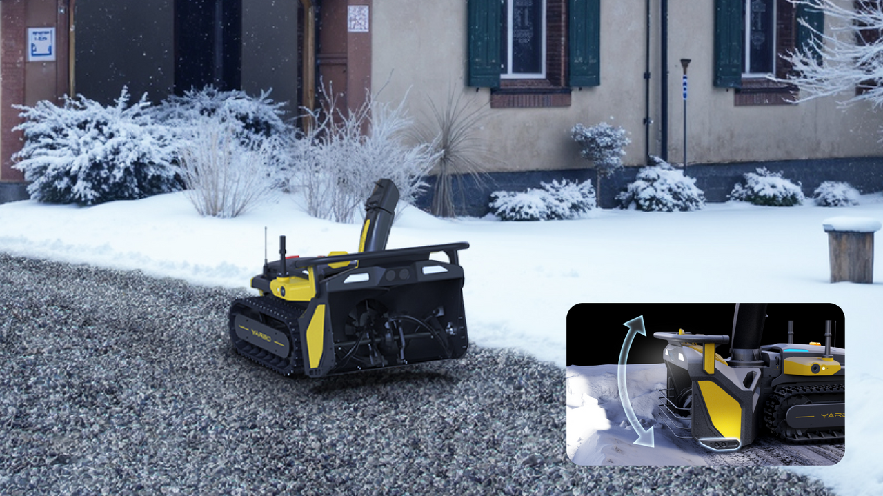 Yarbo snow blower clearing a snow-covered residential driveway, with an inset showing the auto-adjusting intake height mechanism