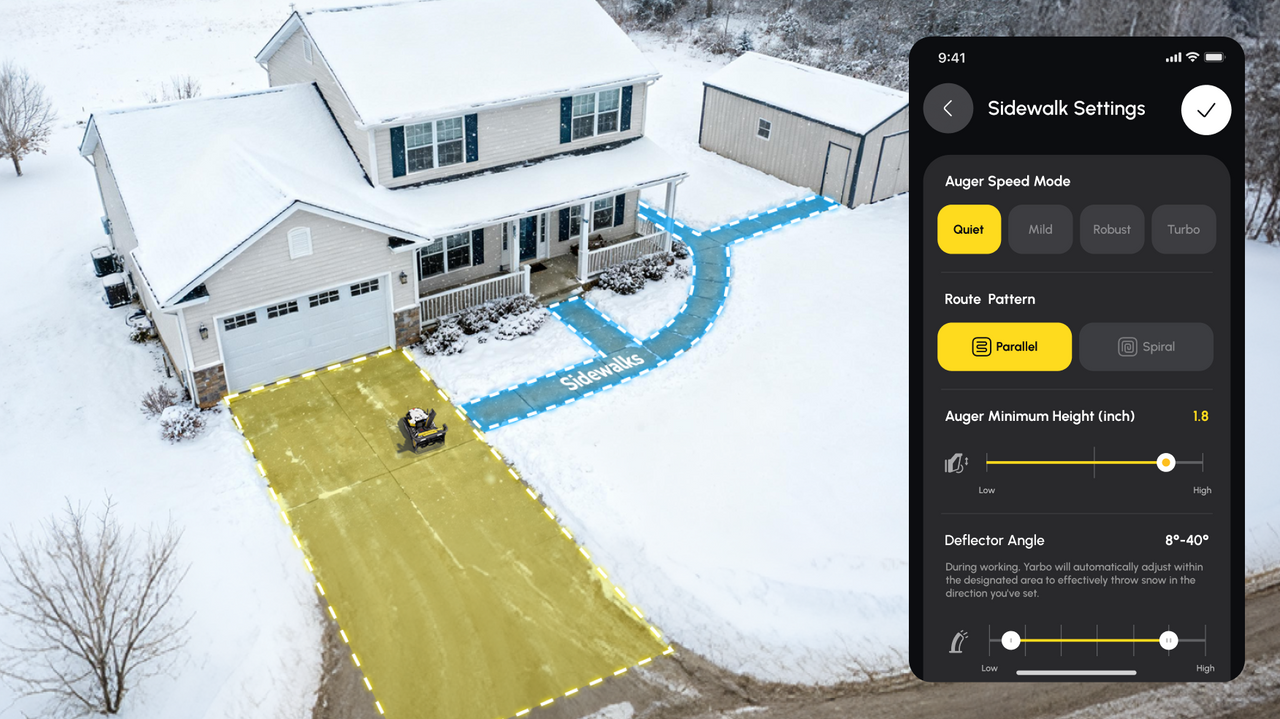 Yarbo snow blower autonomously clearing a driveway and sidewalk with separate zone mapping, alongside app showing sidewalk settings for route pattern and deflector angle