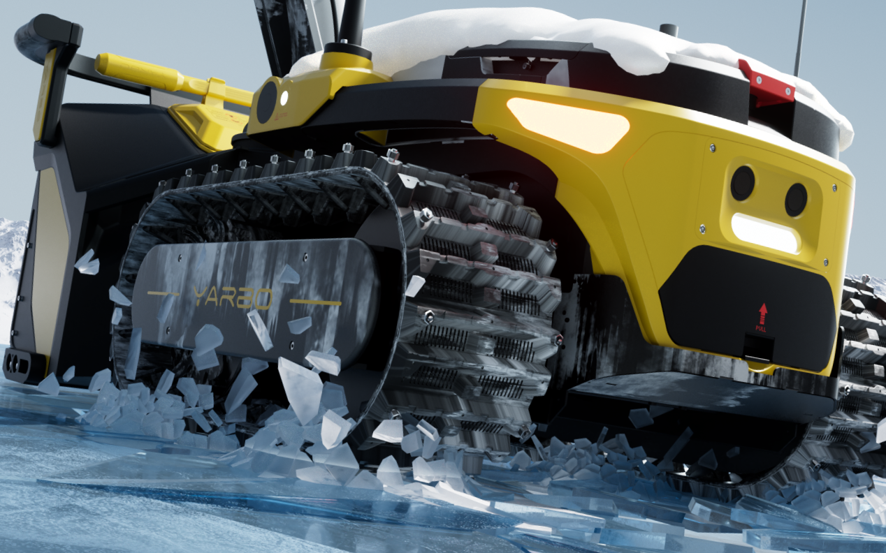 Close-up of Yarbo snow blower's steel-spiked tracks breaking through ice and packed snow for superior winter traction