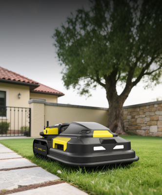 Yarbo robot lawn mower delivering edge-to-edge cutting along a stone path and pathway for consistent, precise lawn edging