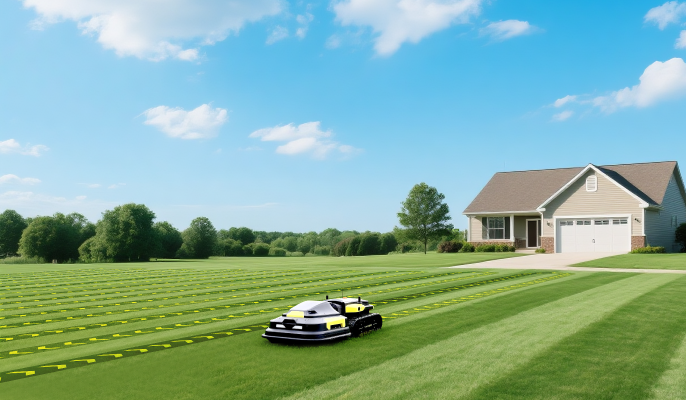 Yarbo robot lawn mower autonomously mowing a large residential lawn in precise parallel strips
