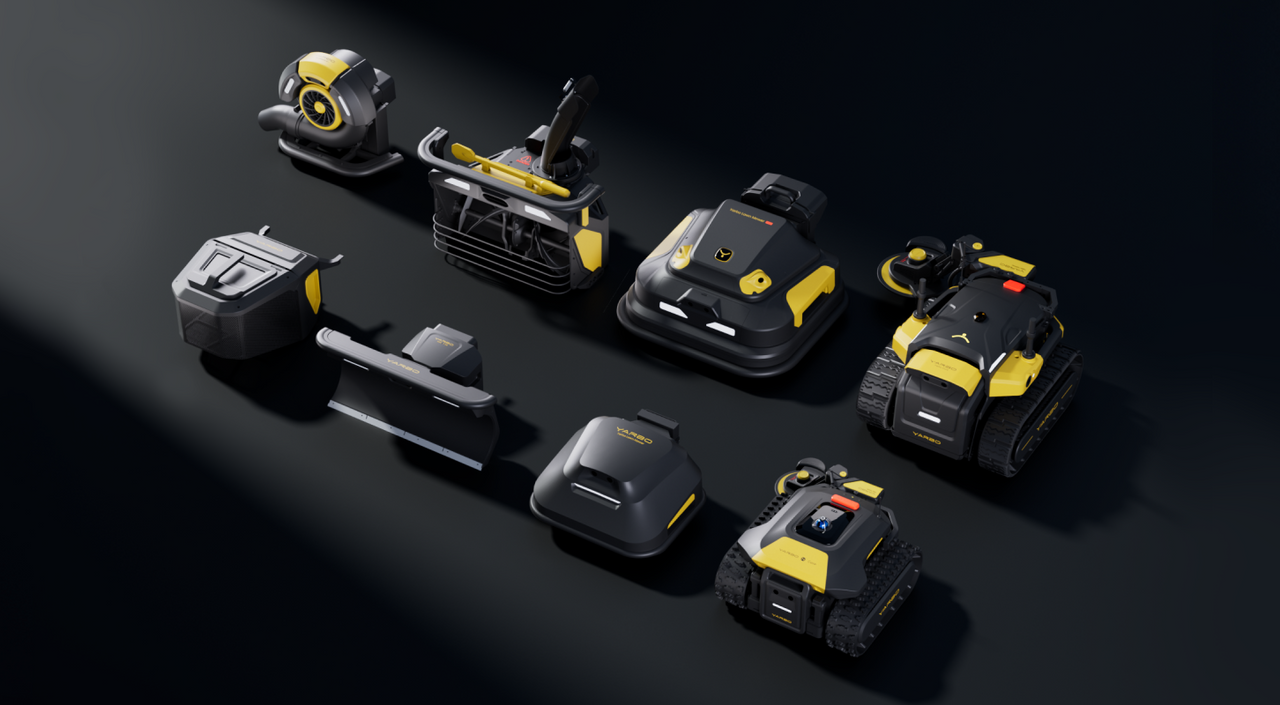 Yarbo full modular ecosystem showing all modules — lawn mower, snow blower, leaf blower, snow plow blade, and two Core base units