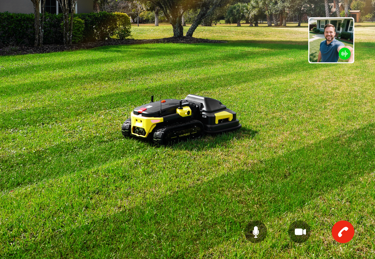 Yarbo robot lawn mower operating autonomously on a residential lawn with live video call support overlay, showing remote customer assistance