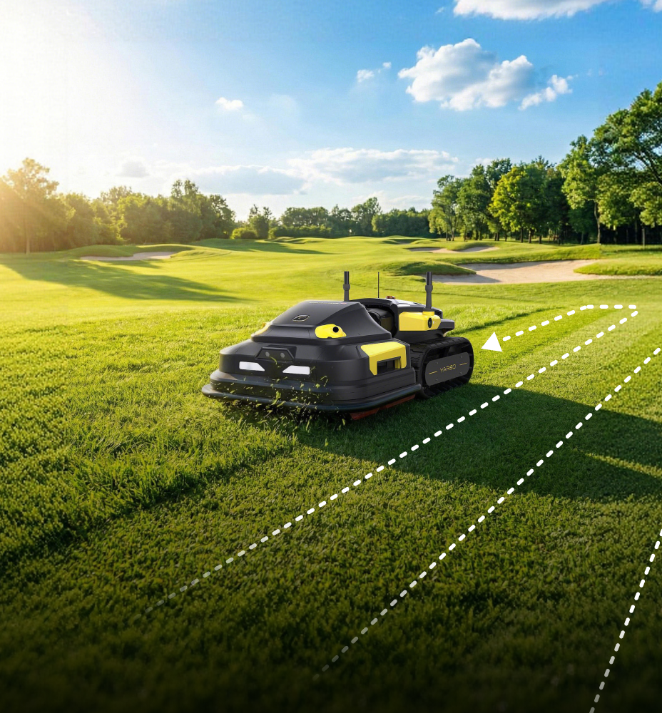 Yarbo Lawn Mower Pro autonomously mowing a golf course fairway with a GPS-guided navigation path overlay
