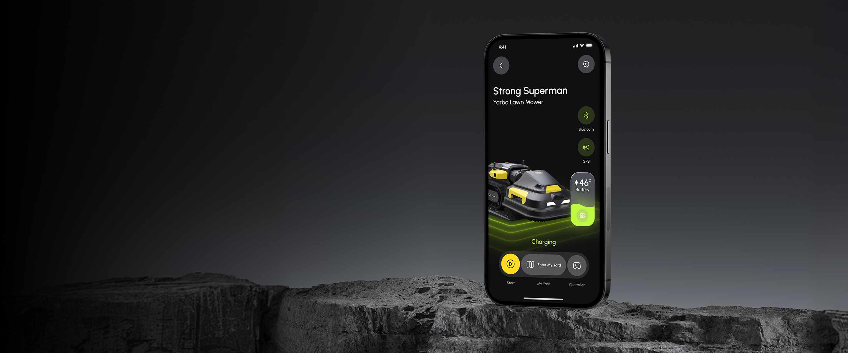 Yarbo app on smartphone displaying robot lawn mower status, battery level, GPS connection, and controls for remote yard management
