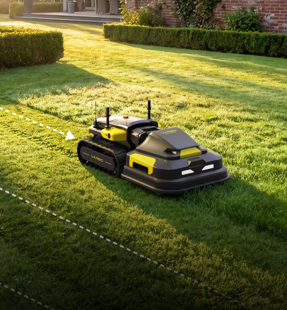 Yarbo robot lawn mower following a custom mowing schedule along a garden edge at dusk