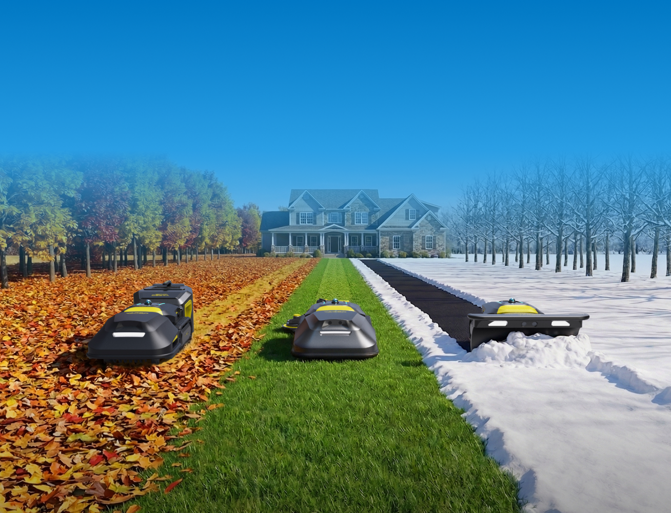 Yarbo M Series multi-seasonal robot handling leaf blowing, lawn mowing, and snow clearing across fall, summer, and winter seasons