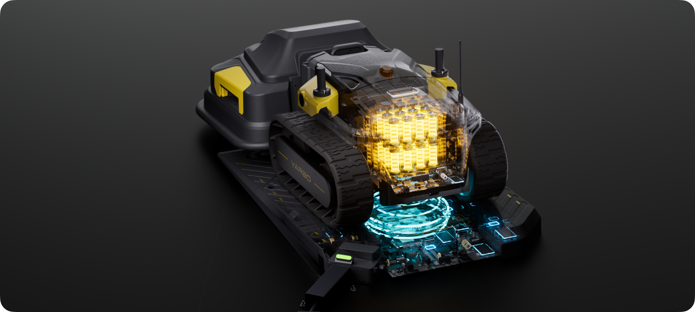 Yarbo robot lawn mower with transparent body revealing its high-capacity battery pack, covering up to 0.25 acres per charge