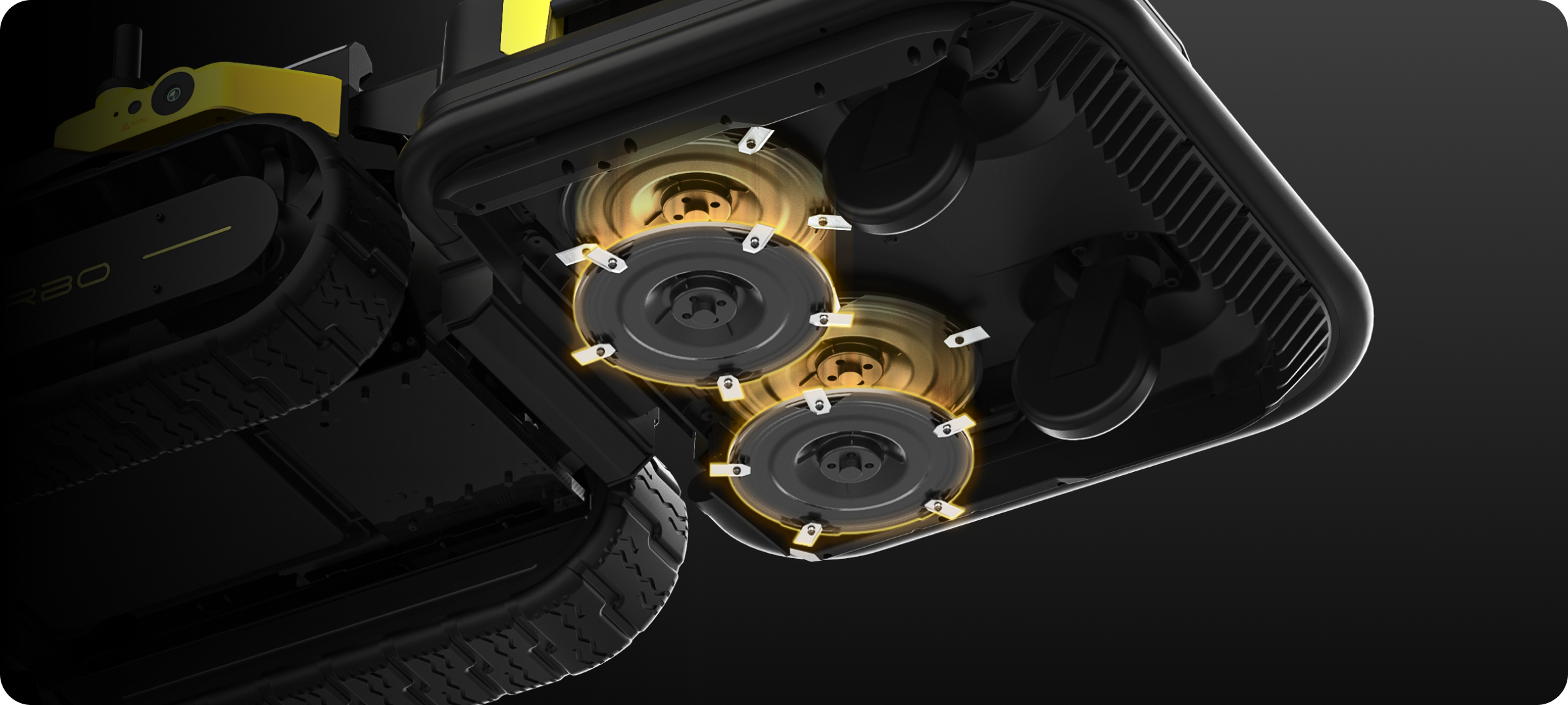 Underside view of Yarbo robot lawn mower showing dual cutting discs with five blades each for a 20-inch cutting width