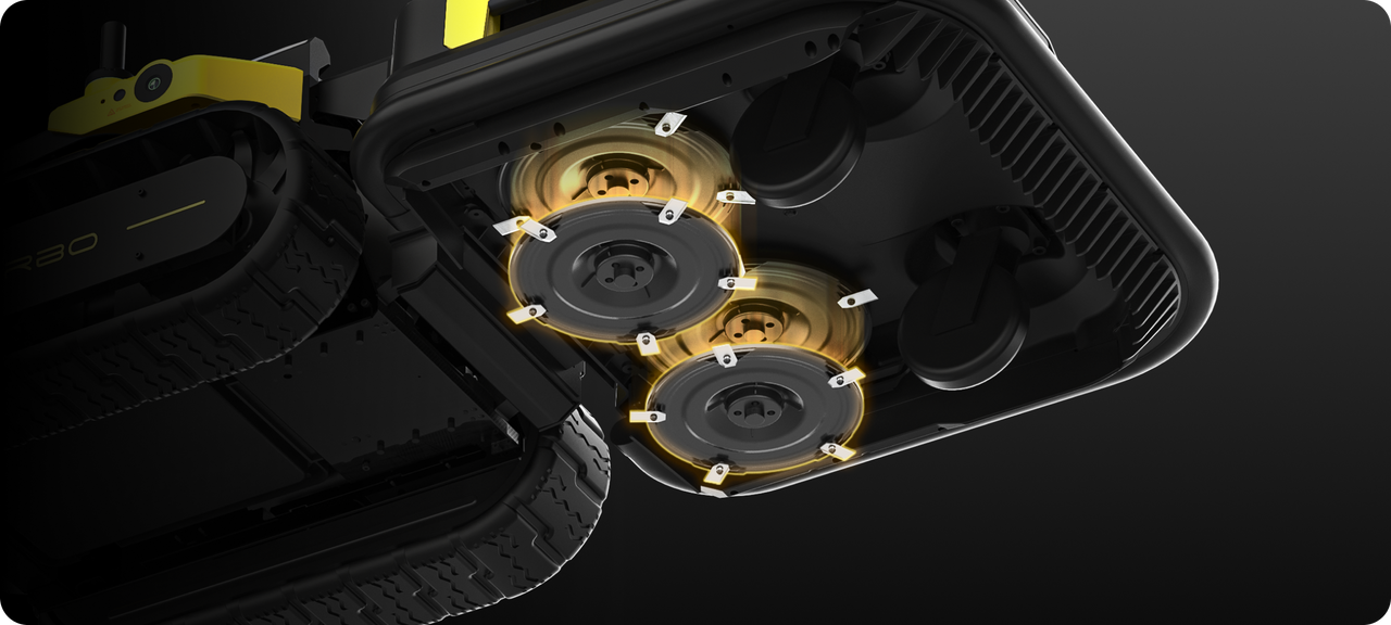 Underside view of Yarbo lawn mower showing dual cutting discs with five blades each for a 20-inch cutting width