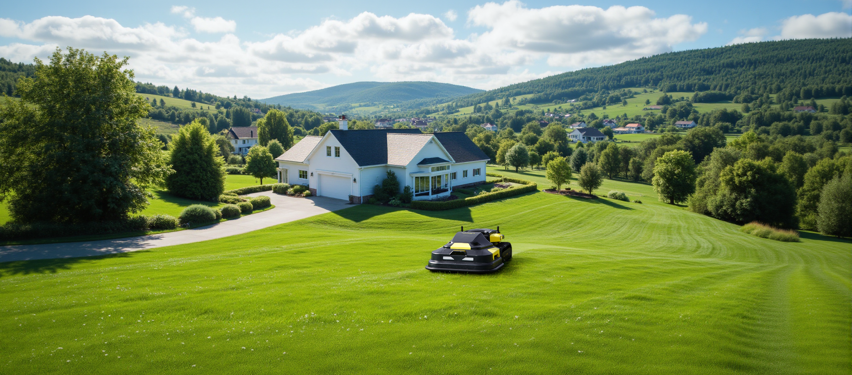 Yarbo robot lawn mower autonomously mowing a large sloped residential lawn with a scenic hillside backdrop