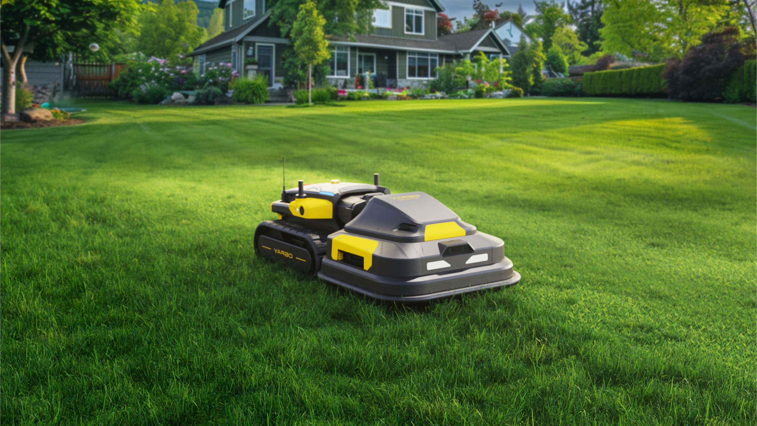 Aesthetic Yarbo robot lawn mower in action.