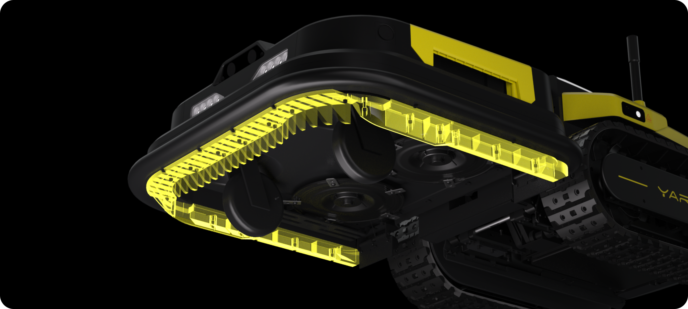 Underside render of Yarbo robot lawn mower showing all-steel skid shoe and dual cutting disc assembly for ground-level protection and precise mowing
