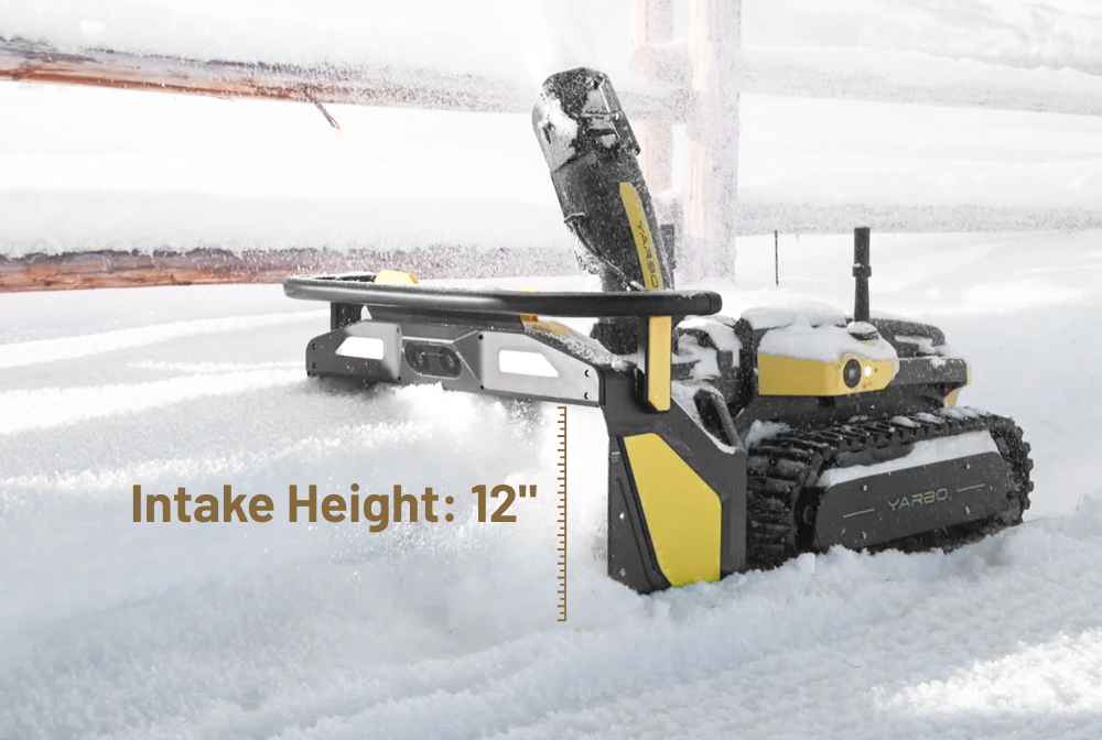 Yarbo snow blower with a 12-inch intake height label on a snowy background