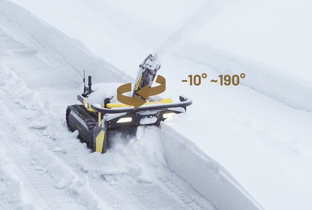 Yarbo snow blower clearing a deep driveway with chute rotation diagram showing -10° to 190° adjustable throw direction