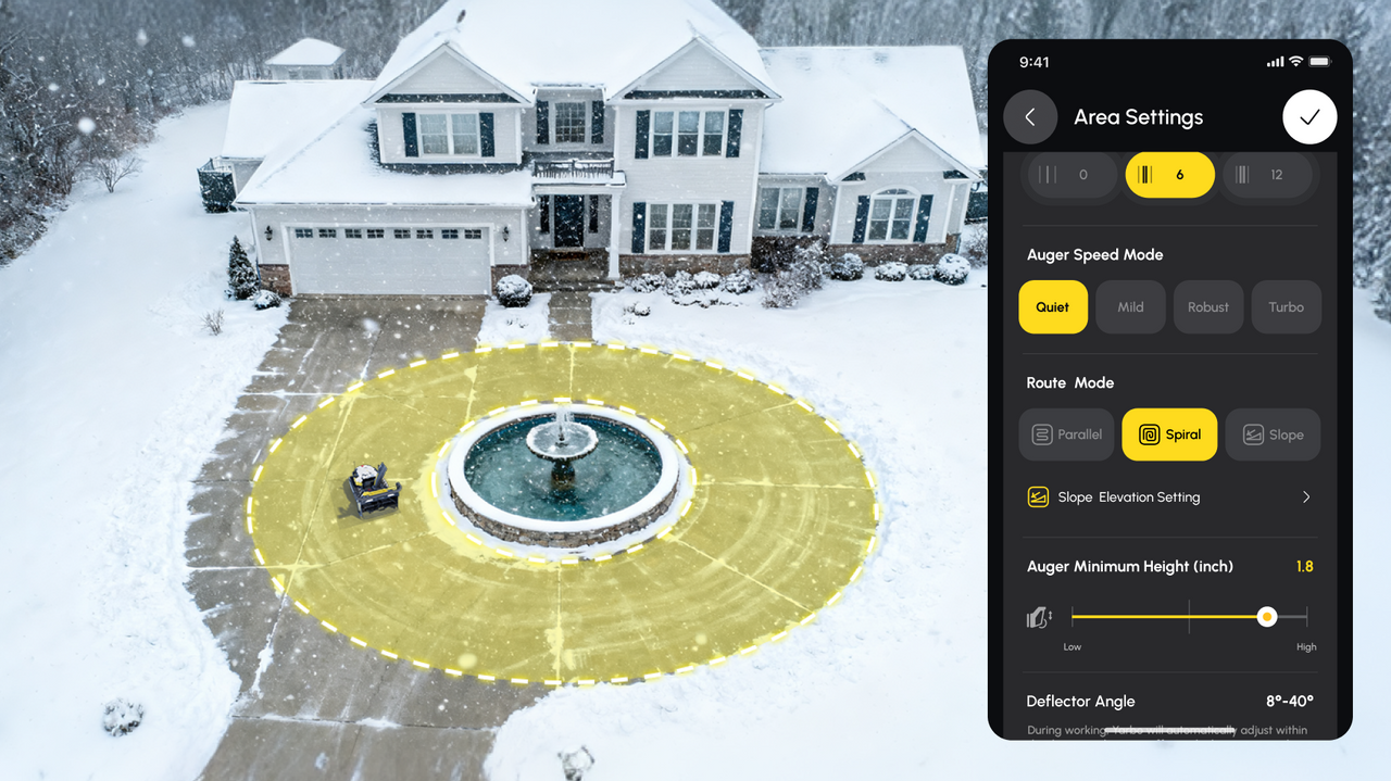 Yarbo snow blower clearing a circular driveway in spiral route mode, with app showing auger speed, route mode, and deflector angle settings