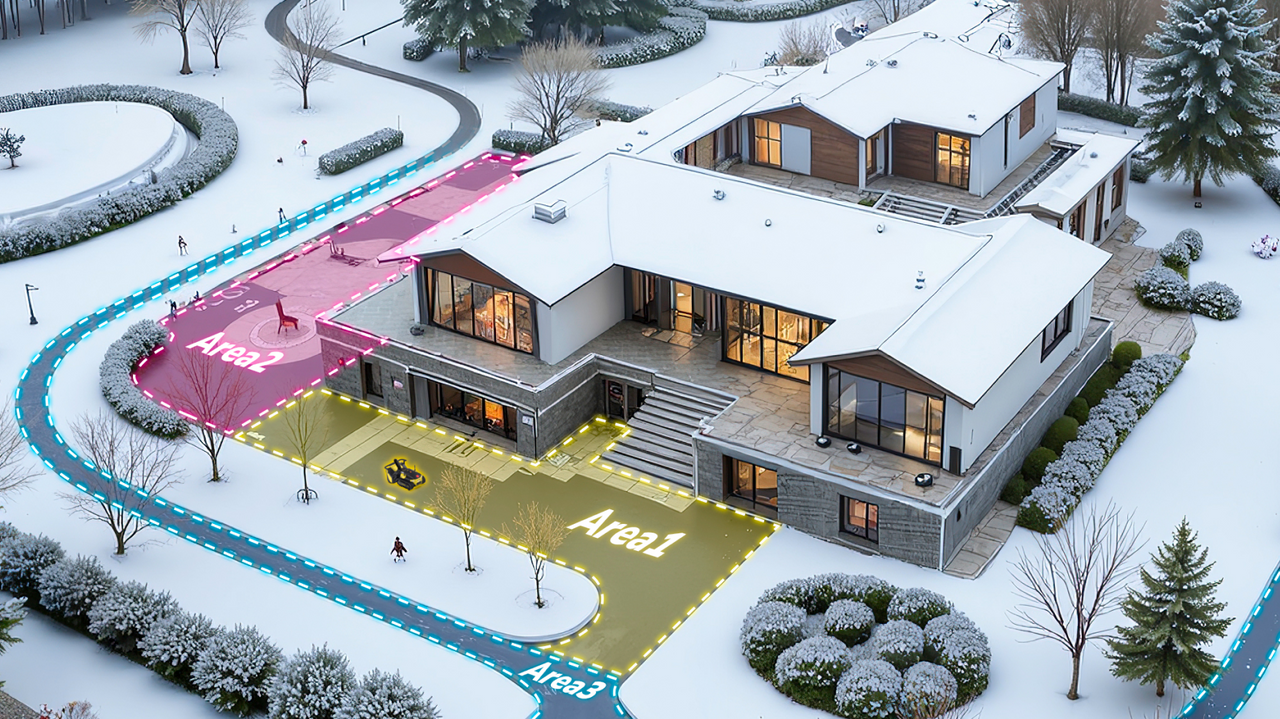 Aerial view of Yarbo snow blower zone mapping on a snowy residential property, with three designated clearing areas — driveway, entrance, and pathways — shown in different colors
