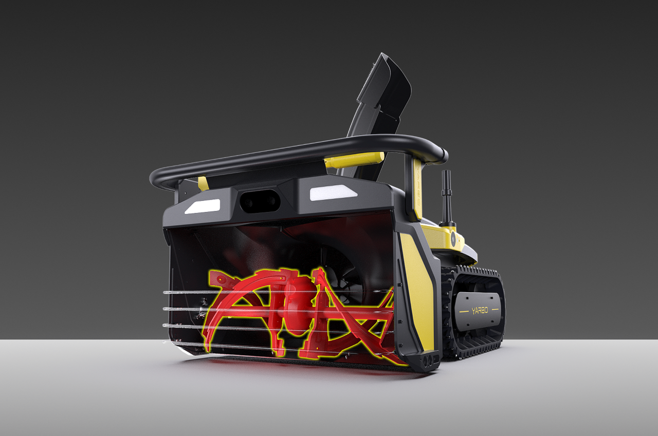 Yarbo snow blower transparent render revealing internal two stage auger and impeller mechanism for heavy-duty snow clearing