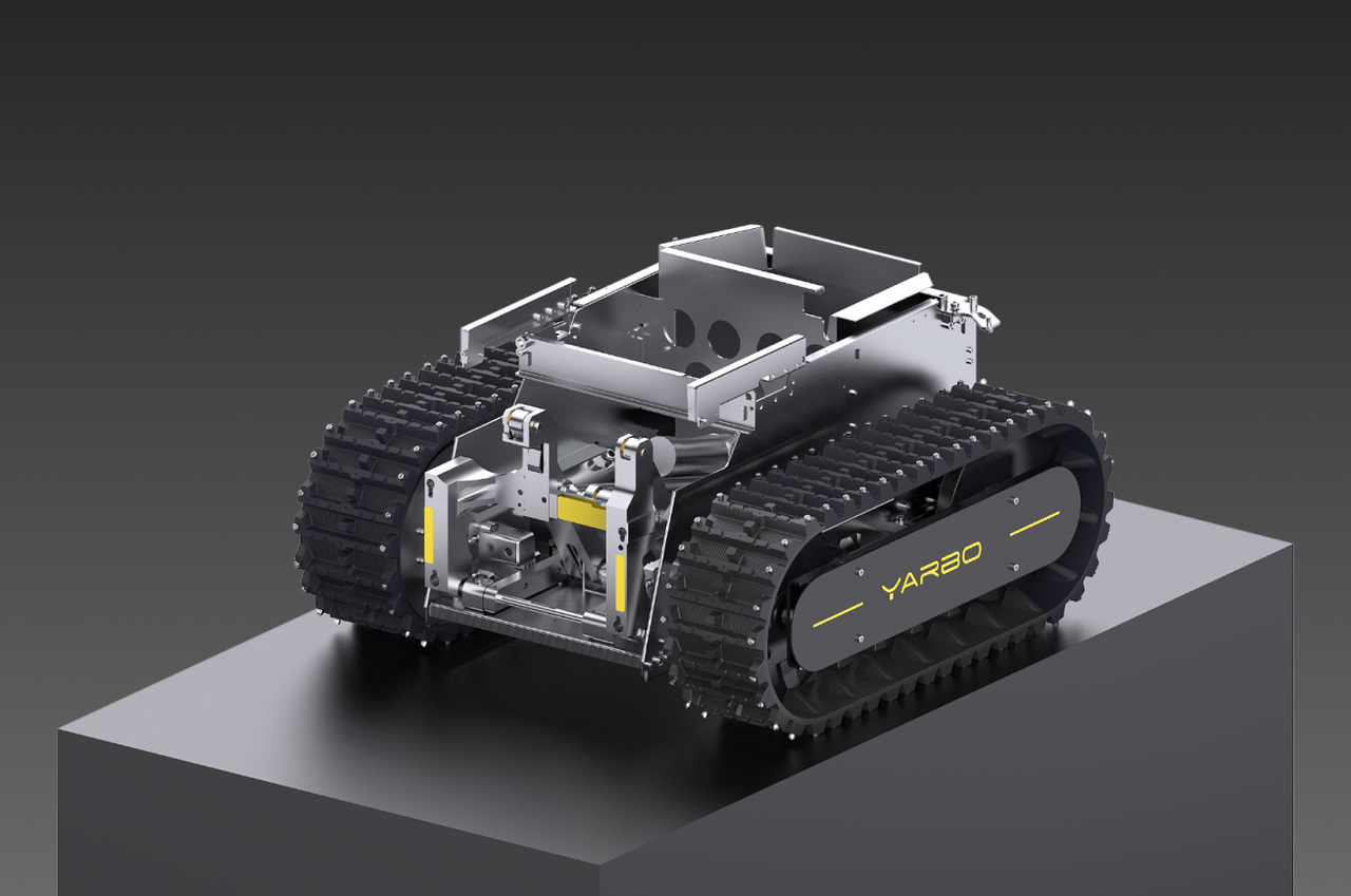 Yarbo Core internal chassis render showing track drive system and structural frame engineering