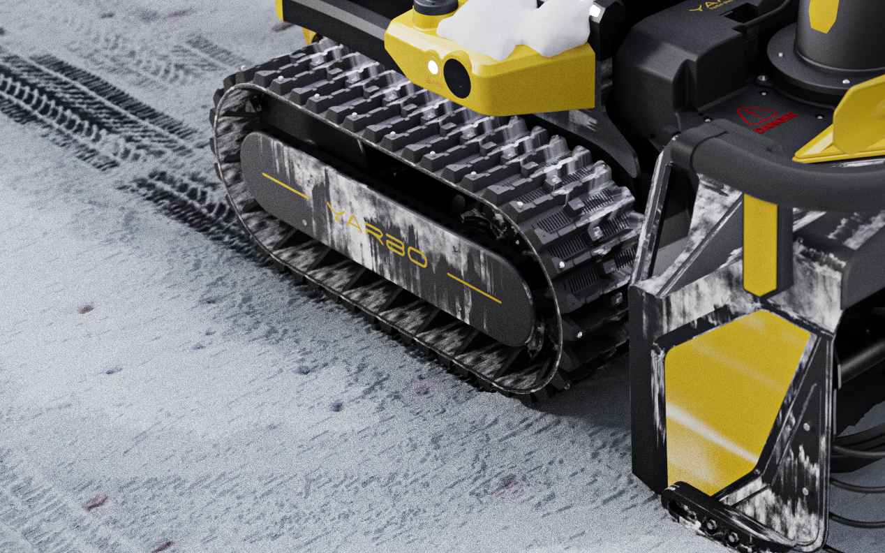Yarbo snow blower rubber tracks gripping a slippery, icy surface during autonomous snow clearing