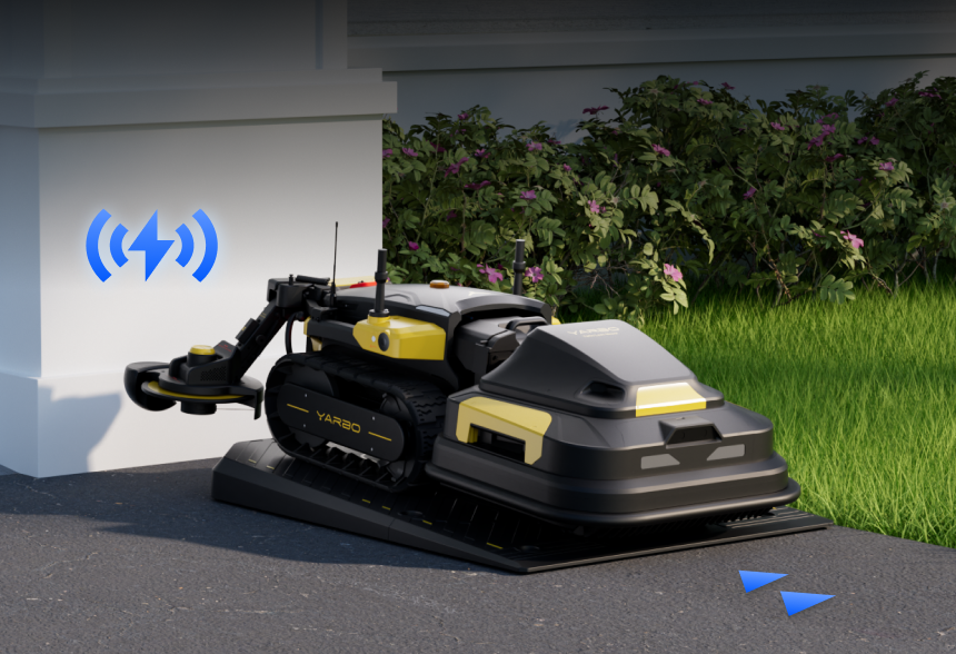 Yarbo Trimmer on a driveway with grass and flowers in the background