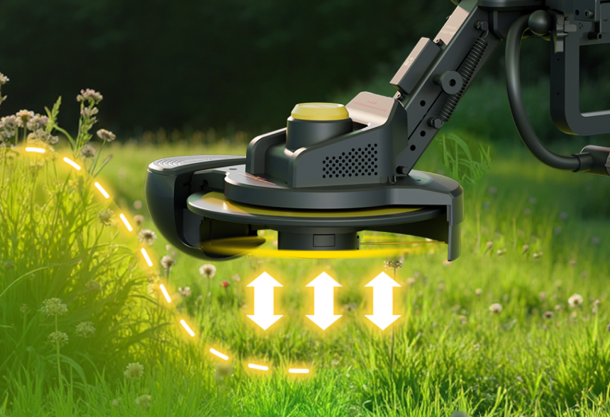 Yarbo Trimmer on grass with glowing arrows indicating direction
