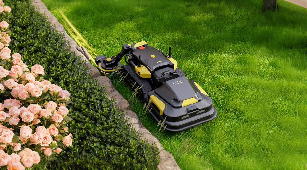 Yarbo Trimmer trimming grass next to a flower bed