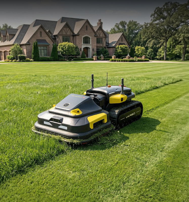 Yarbo Lawn Mower Pro cutting through thick, overgrown grass on a large residential lawn
