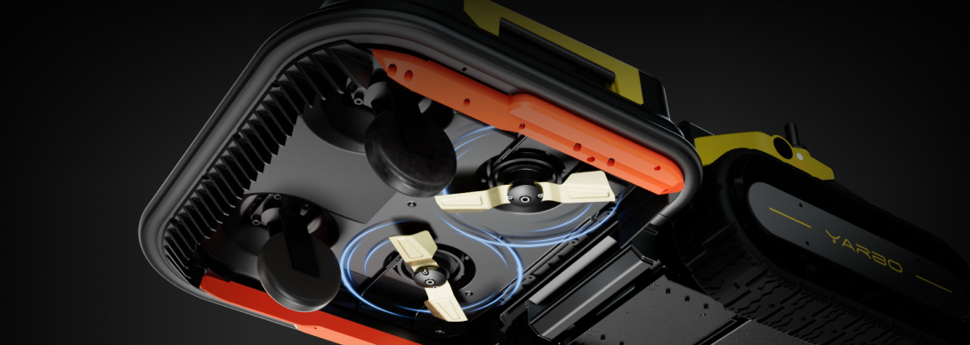 Yarbo Lawn Mower Pro underside showing straight blade option alongside standard disc blades for finer cuts and lower maintenance