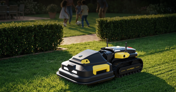 Yarbo Lawn Mower Pro operating quietly on a residential lawn with app-based remote control for hands-free yard management