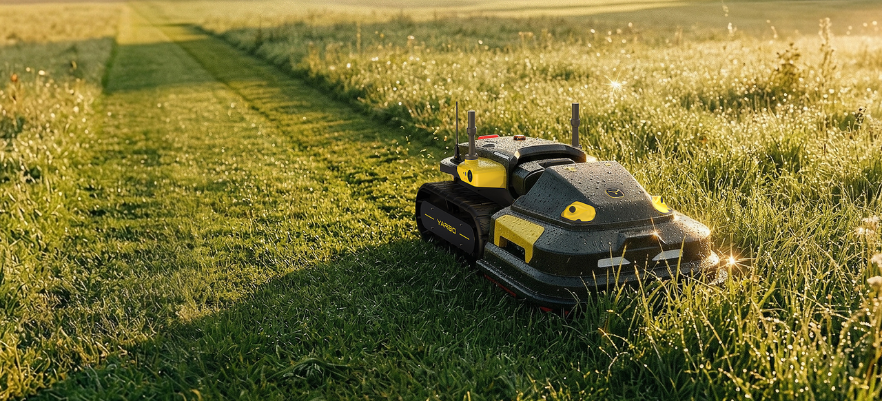 Yarbo robot lawn mower in a dewy field at sunrise