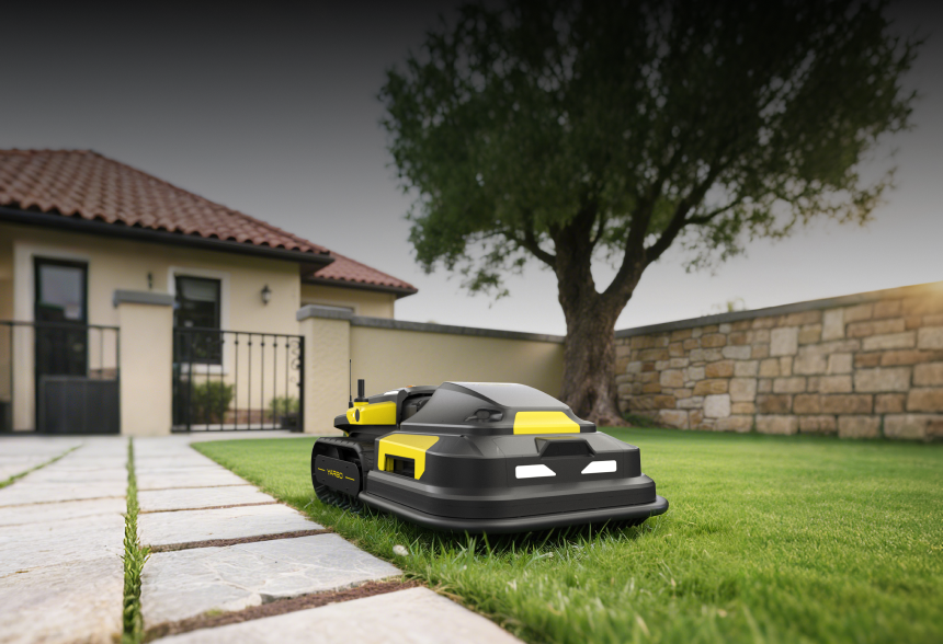 Yarbo robot lawn mower delivering edge-to-edge cutting along a stone path and pathway for consistent, precise lawn edging