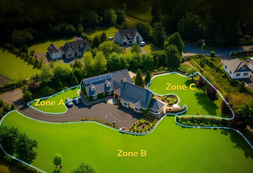 Aerial view of a residential property with Yarbo robot lawn mower zone management — lawn divided into Zone A, Zone B, and Zone C for autonomous GPS-guided mowing