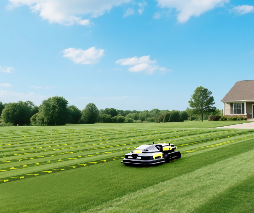 Yarbo robot lawn mower autonomously mowing a large residential lawn in precise parallel strips
