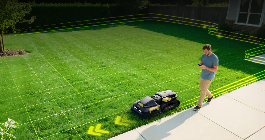 Homeowner setting app-defined virtual boundaries on a smartphone while Yarbo robot lawn mower operates autonomously within wire-free GPS limits
