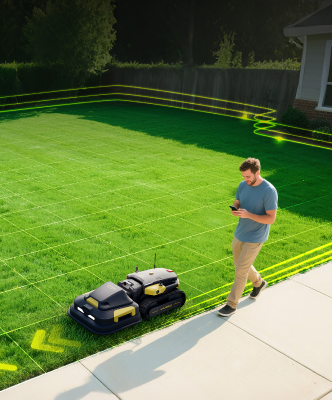 Homeowner setting app-defined virtual boundaries on a smartphone while Yarbo robot lawn mower operates autonomously within wire-free GPS limits