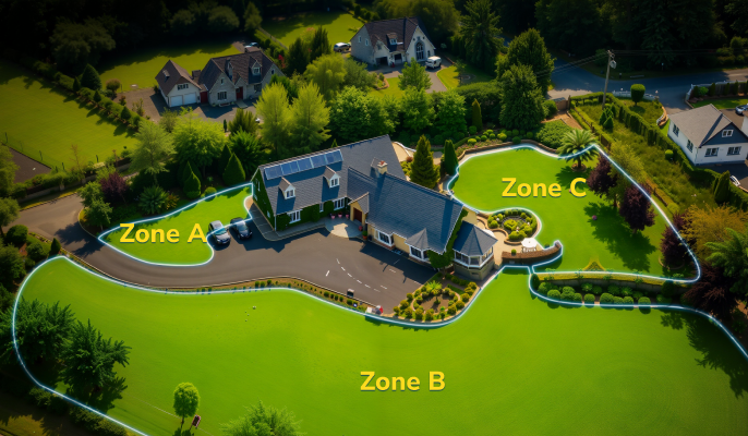 Aerial view of a residential property with Yarbo robot lawn mower zone management — lawn divided into Zone A, Zone B, and Zone C for autonomous GPS-guided mowing