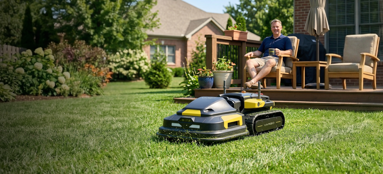 Homeowner relaxing on a deck with coffee while Yarbo lawn mower autonomously mows the backyard — hands-free lawn care