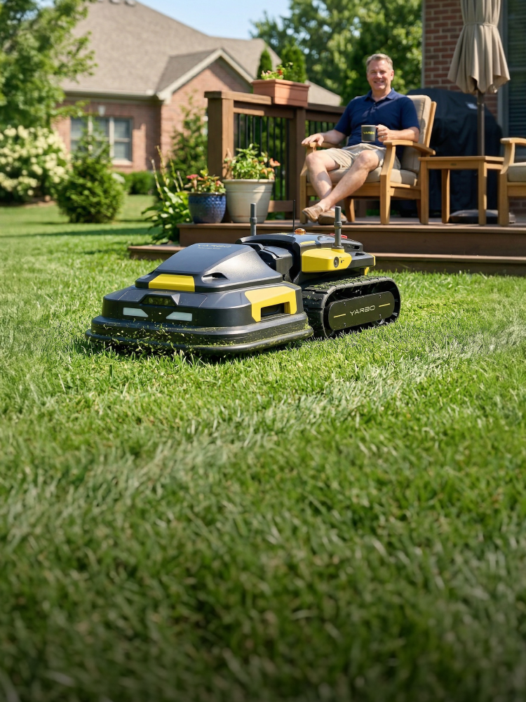 Homeowner relaxing on a deck with coffee while Yarbo robot lawn mower autonomously mows the backyard — hands-free lawn care