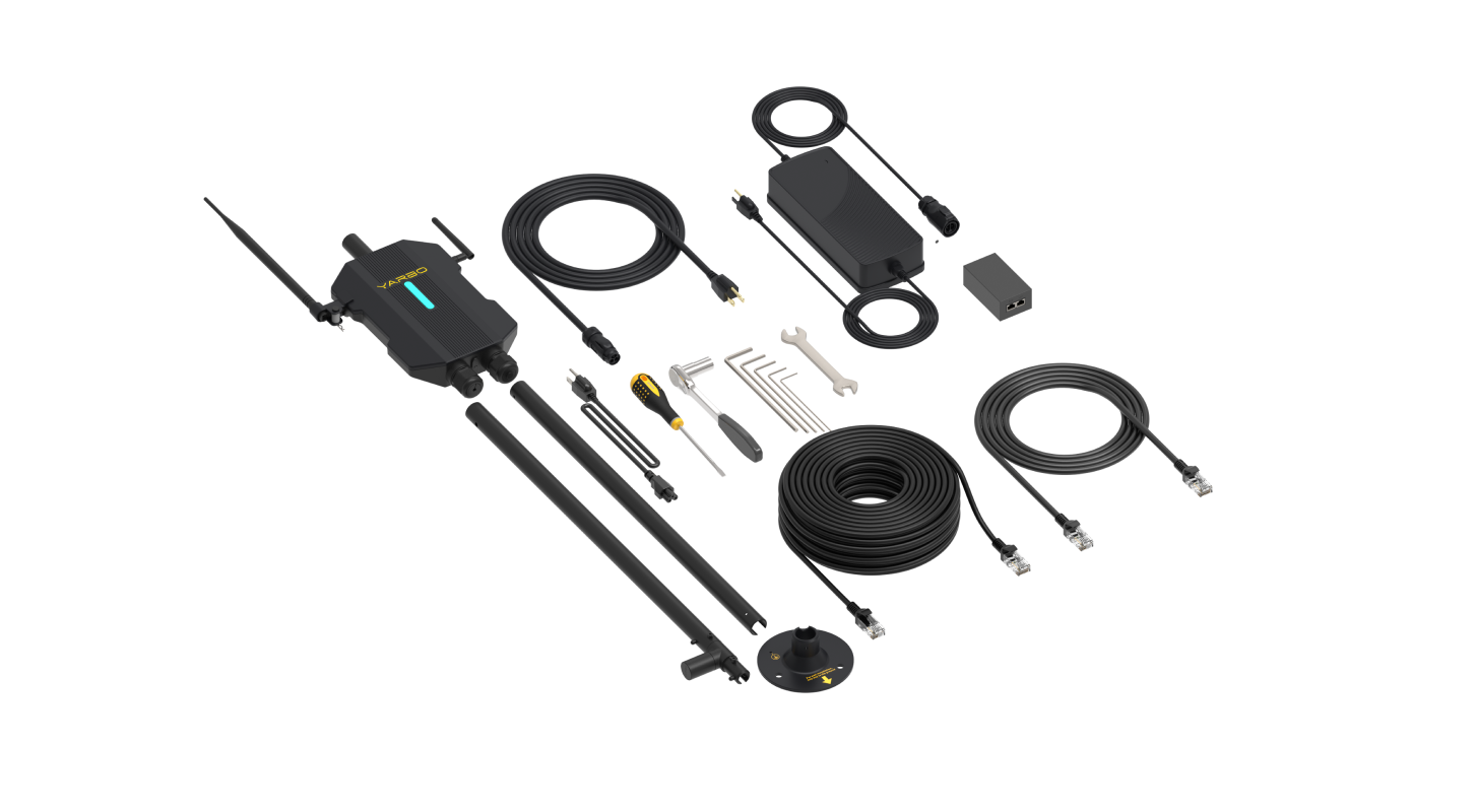Yarbo RTK base station kit with antennas, power adapter, data center, wired charger, and installation tools for GPS-guided Yarbo robot setup