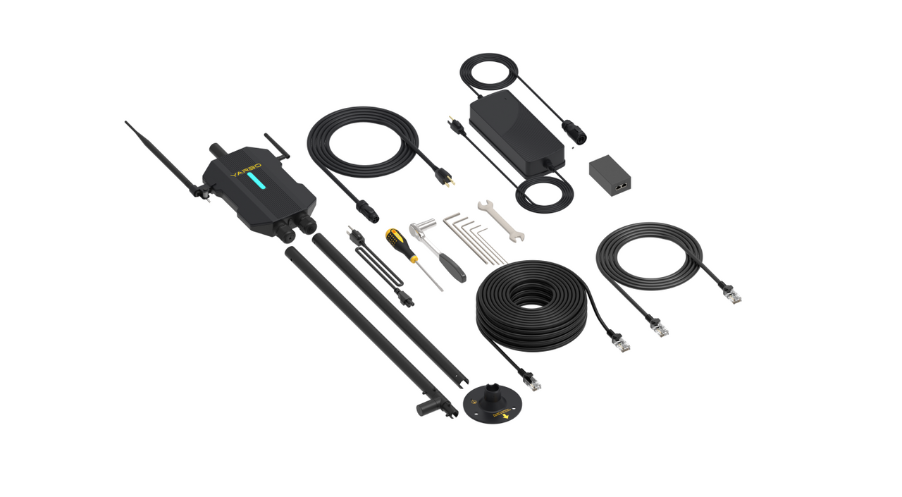 Yarbo RTK base station kit with antennas, power adapter, data center, wired charger, and installation tools for GPS-guided Yarbo robot setup