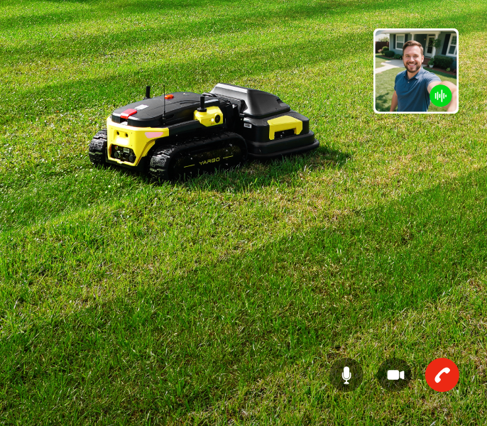 Yarbo robot lawn mower operating autonomously on a residential lawn with live video call support overlay, showing remote customer assistance