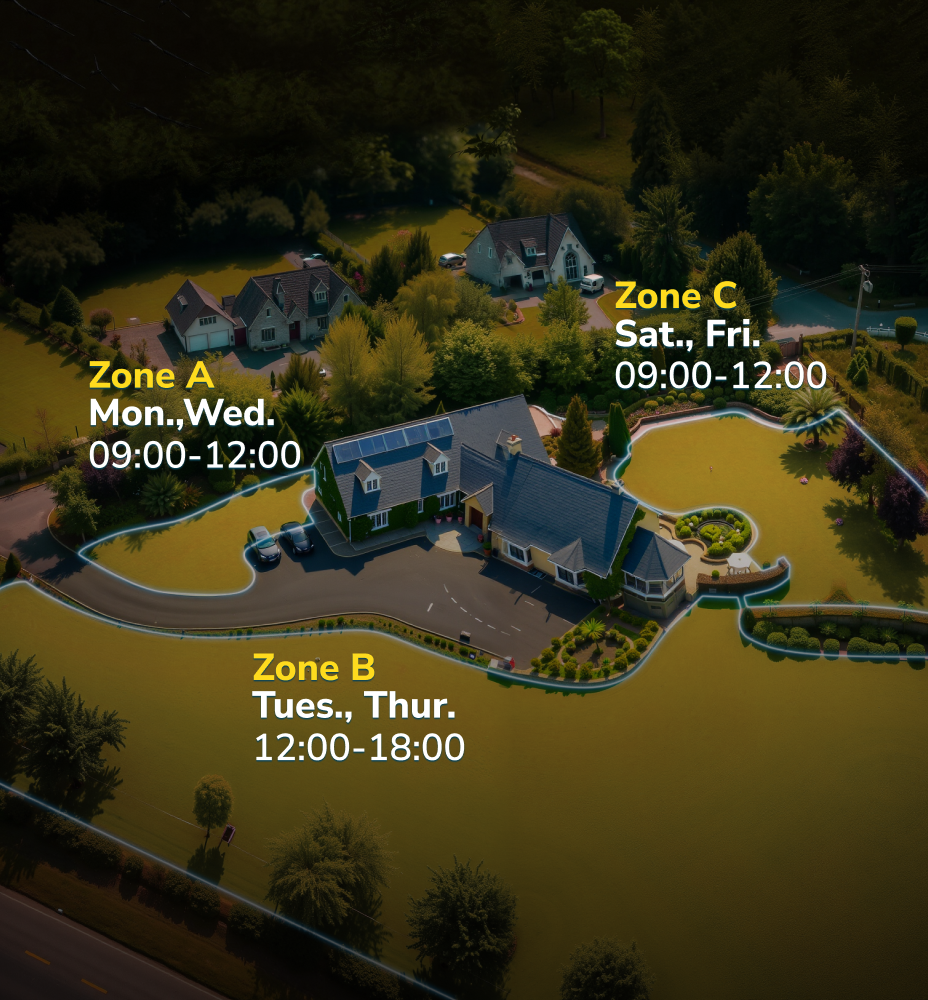 Yarbo app zone mapping interface showing three lawn zones with individual mowing schedules for autonomous robot lawn mower