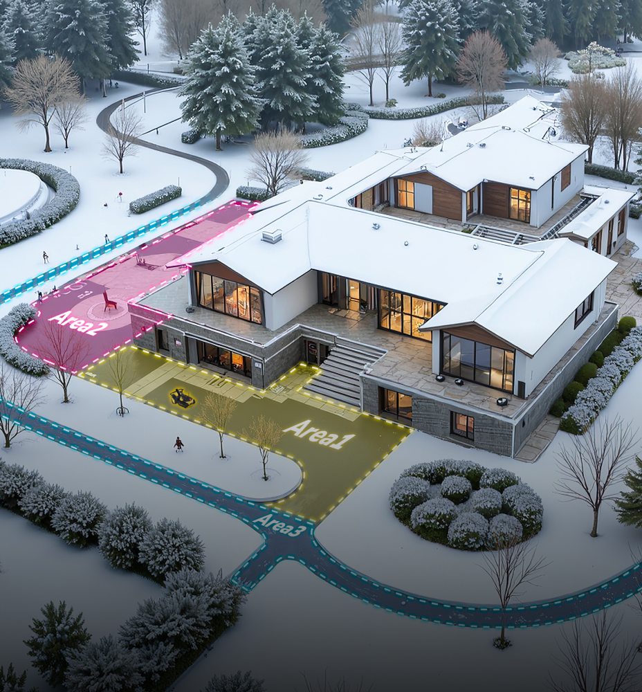 Yarbo snow blower app zone mapping showing three color-coded clearing areas across a snowy property for autonomous snow removal