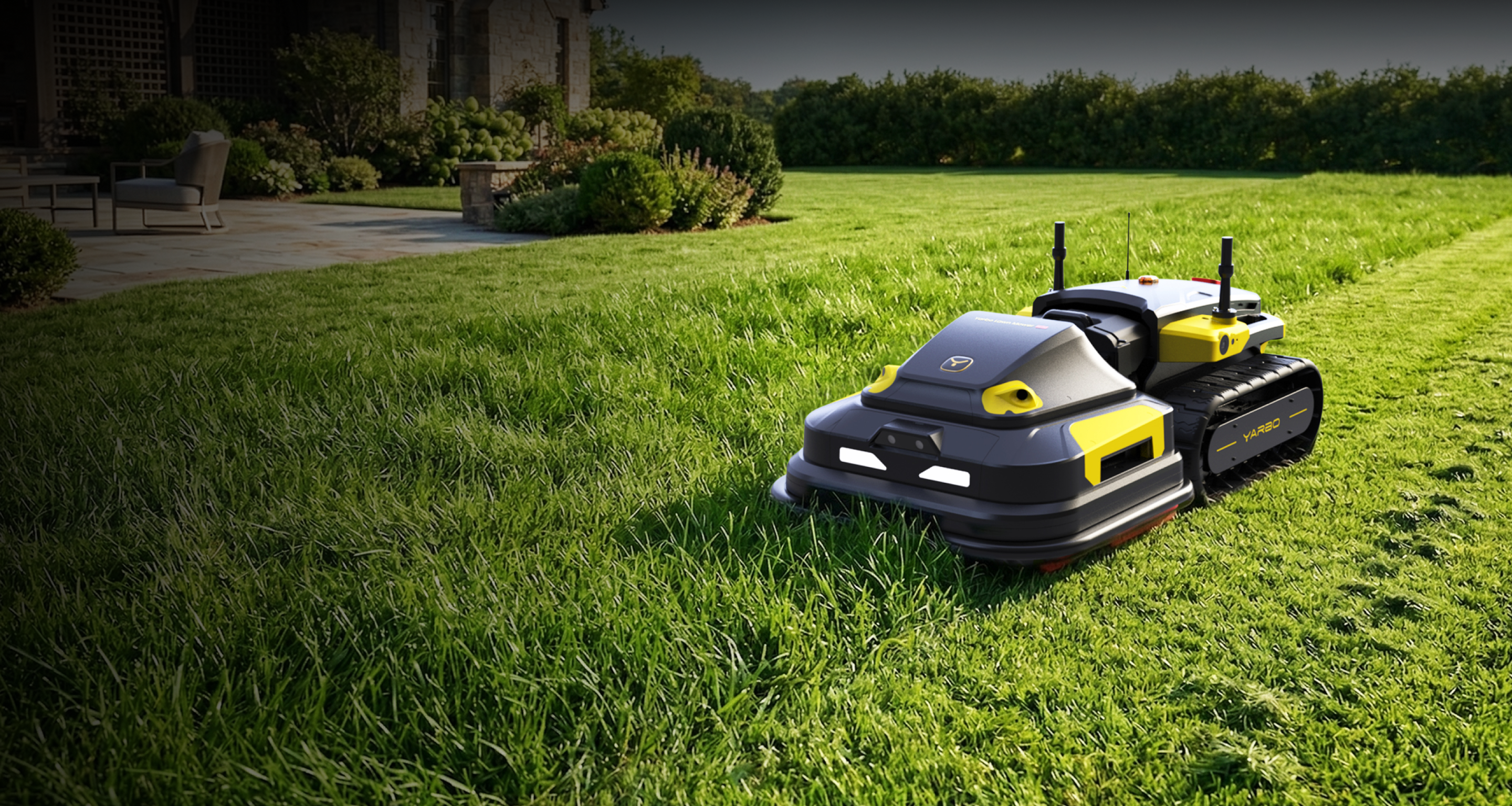 Yarbo robot lawn mower on a grassy lawn with a house and garden in the background