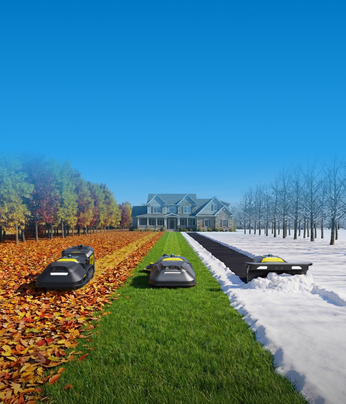 Yarbo M Series multi-seasonal robot handling leaf blowing,  lawn mowing, and snow clearing across fall, summer, and winter seasons 