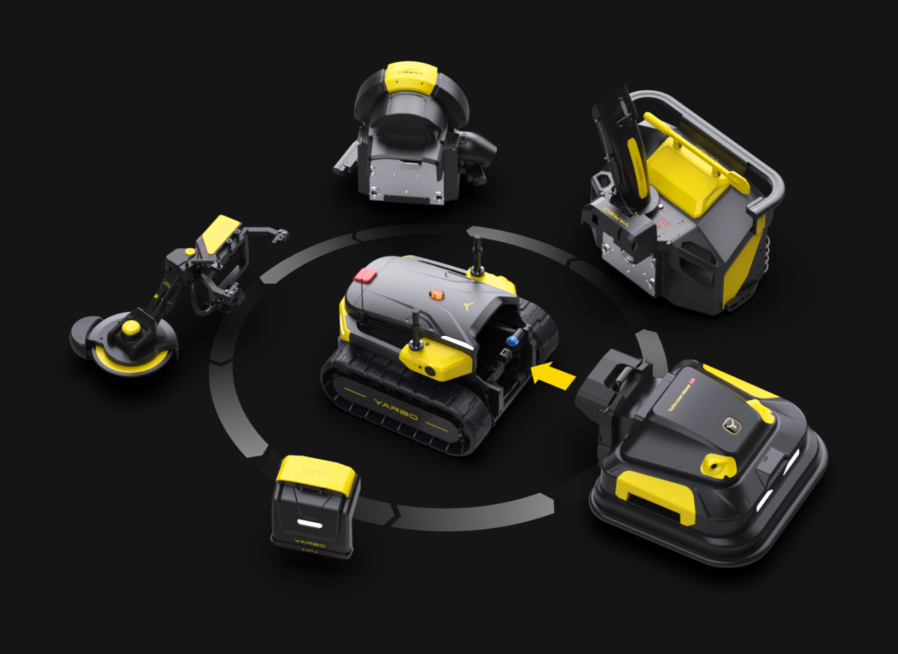 Set of Yarbo robot modules arranged in a circular pattern on a black background