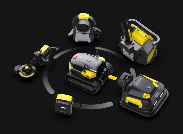 Set of Yarbo robot modules arranged in a circular pattern on a black background